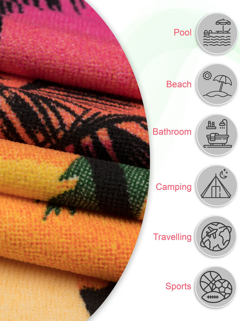  Infographic of various uses for the Yellow Bee beach theme towel, including pool and travel.