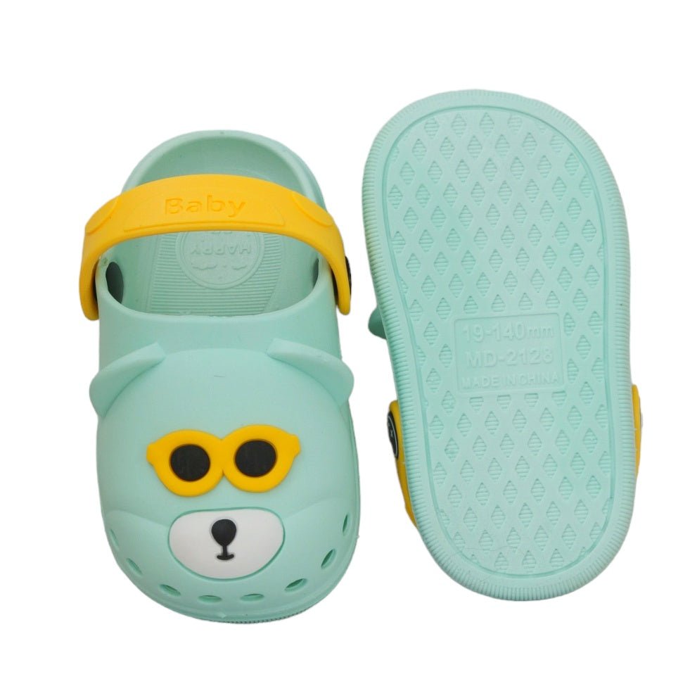 Top and Bottom View of Kids' Bear Pattern Clogs in Aqua Color