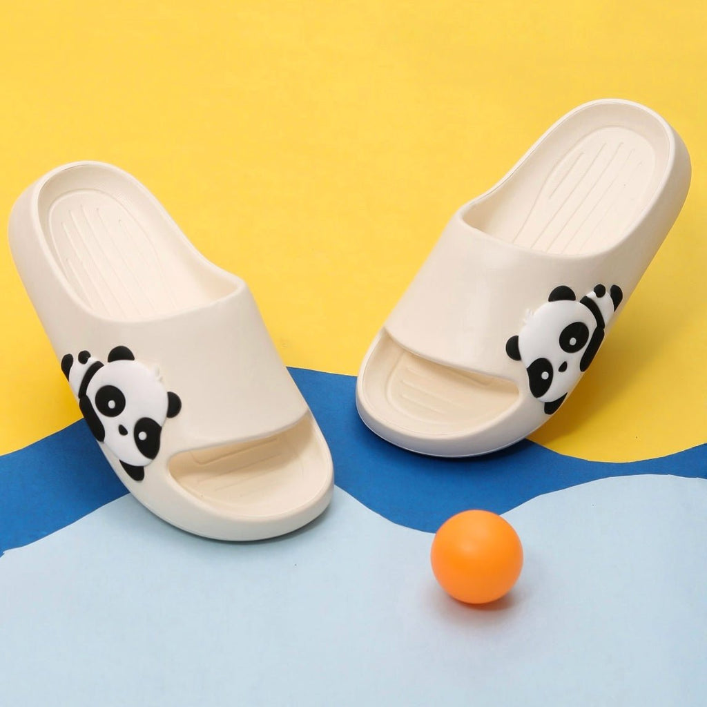 Beige panda embossed slide sandals with playful design on a vibrant background