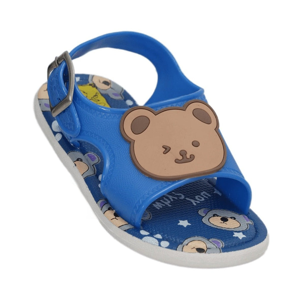 Single blue kids' sandal with bear design and adjustable strap.