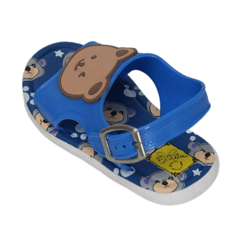 Side view of blue bear applique sandal for children, showcasing the buckle.