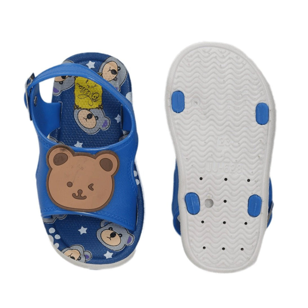 Pair of blue bear applique sandals with a white non-slip sole.