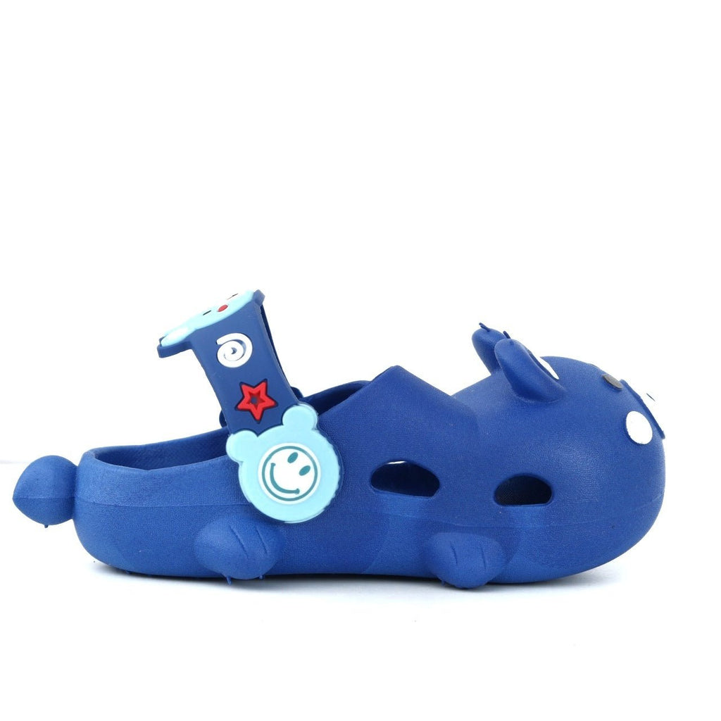 Lateral side view of the blue bear clog for kids with character charm on the strap