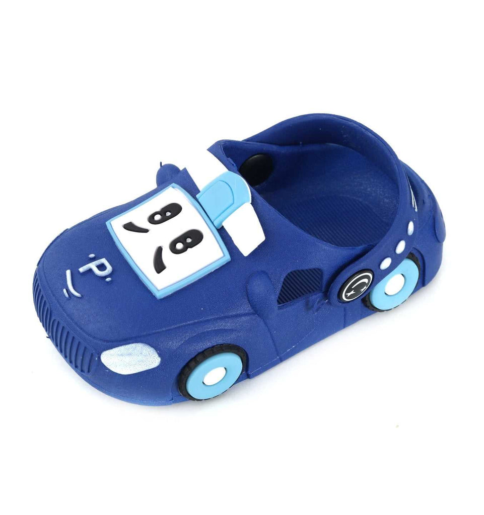 Side angle of the vibrant blue car pattern clogs for active boys.