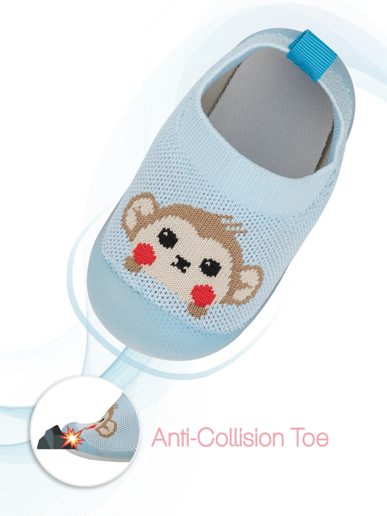Cute monkey print on breathable blue shoe socks with anti-collision features