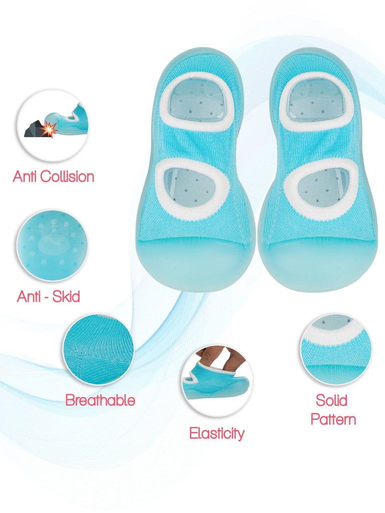 Yellow Bee's Blue Solid Shoe Socks highlighting features like anti-collision toe and breathability