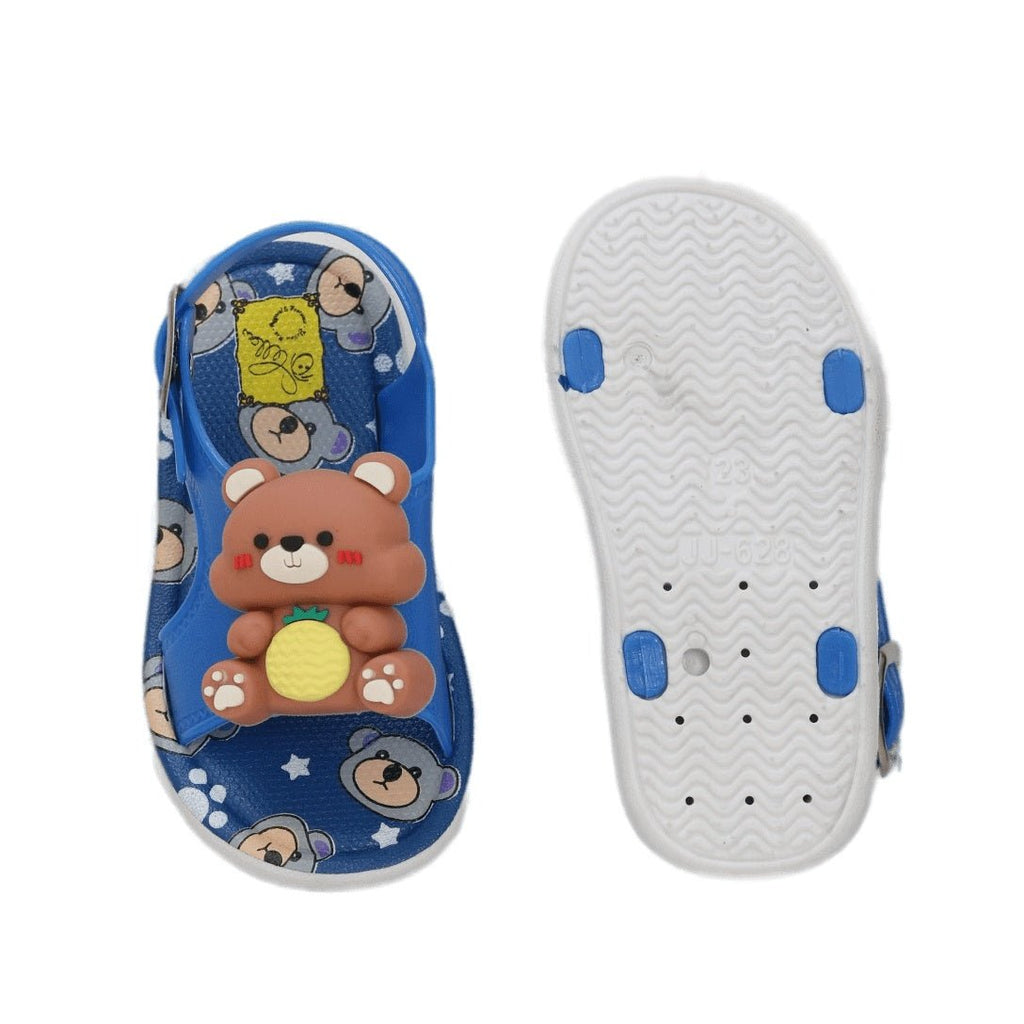 Overhead and sole view of the Blue Teddy Applique Sandals, illustrating the anti-slip design and cute bear pattern