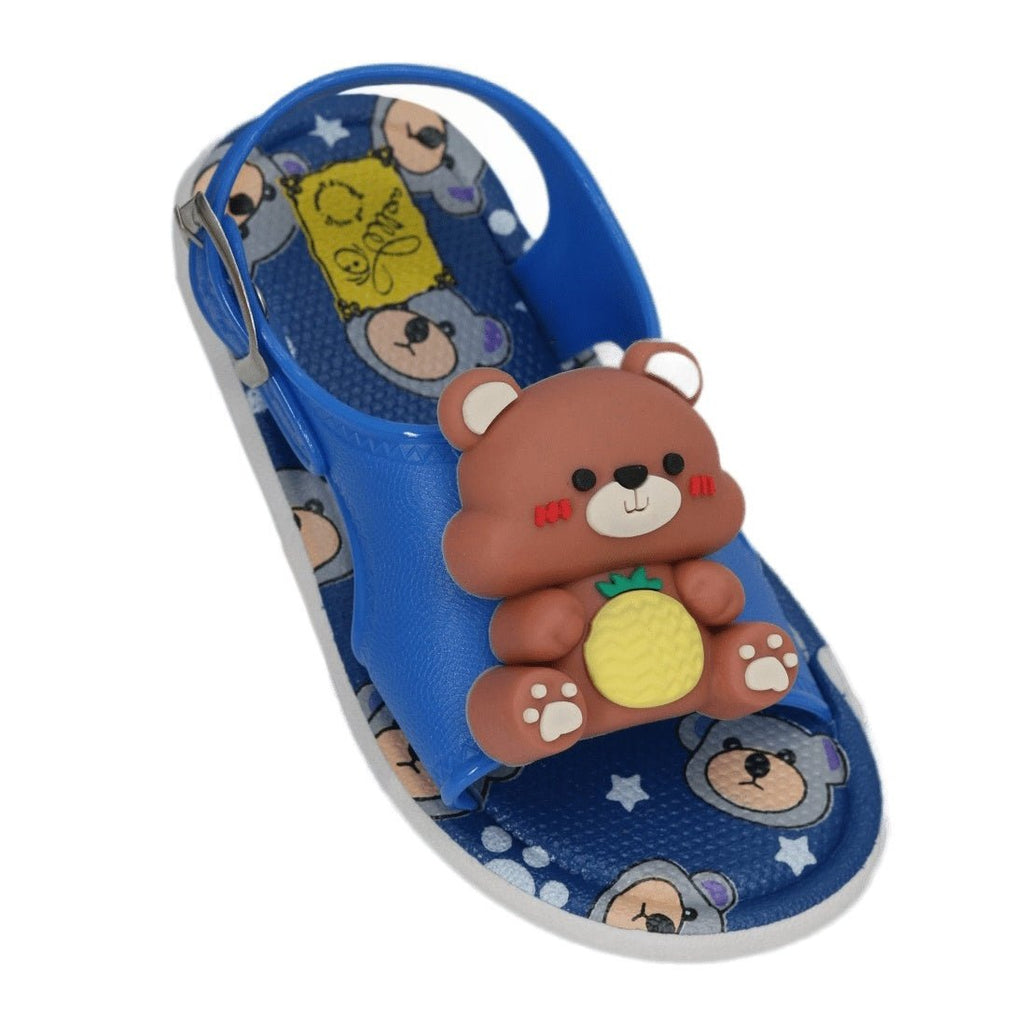 Top view of a Blue Teddy Applique Sandal showcasing the detailed teddy and fruit design