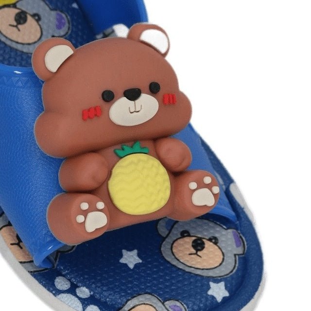 Close-up of the teddy bear applique on the Blue Teddy Applique Sandal, perfect for summer escapades