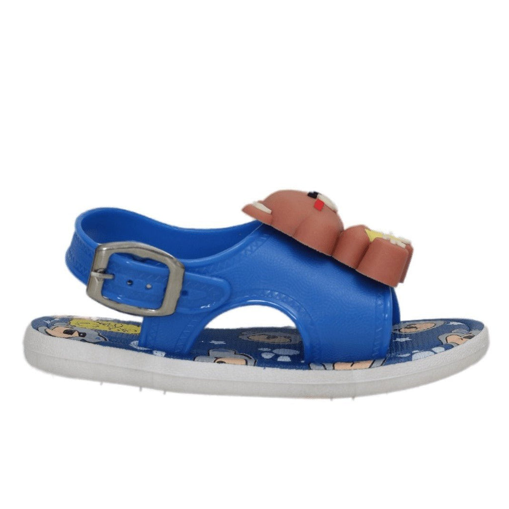 Profile view of the Blue Teddy Applique Sandal highlighting the sturdy straps and comfortable sole