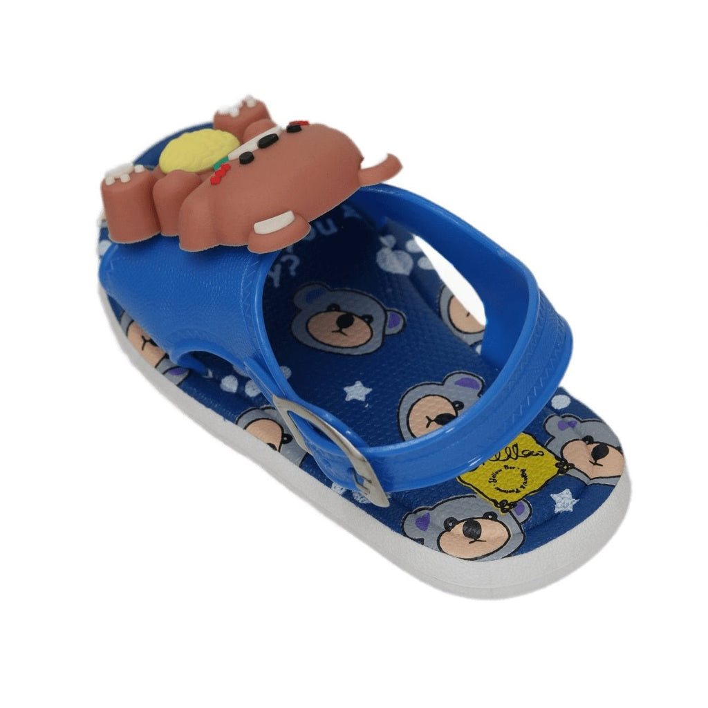 Side perspective of the Blue Teddy Applique Sandal emphasizing the secure buckle and playful pattern.