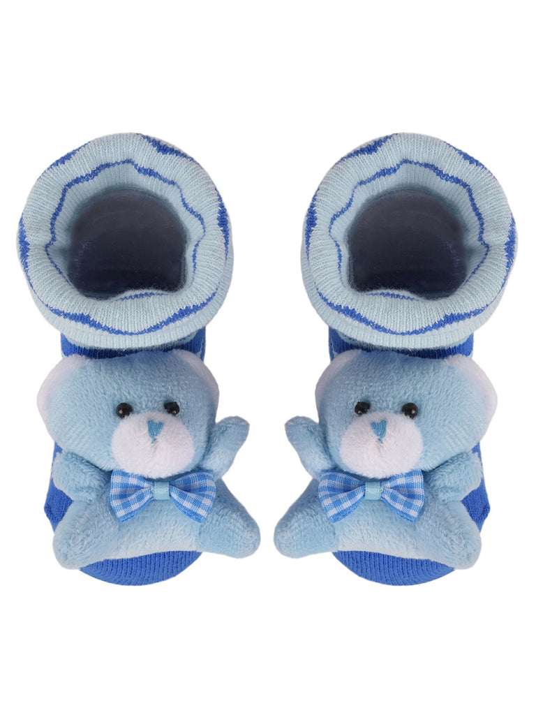 Baby blue teddy bear socks with a plush toy and striped pattern for infants