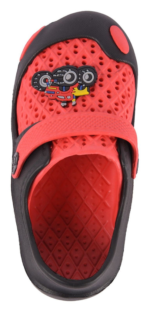 Top View of Boys' Red & Black Tractor Motif Rubber Clogs