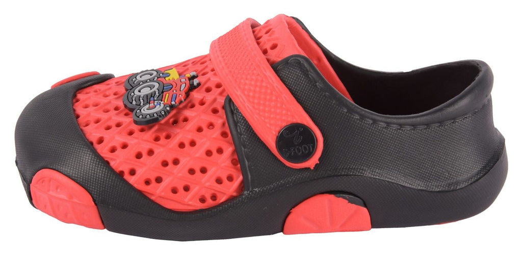 Side View of Boys' Red & Black Tractor Motif Rubber Clogs