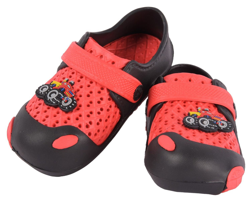 Full View of Boys' Red & Black Tractor Motif Rubber Clogs
