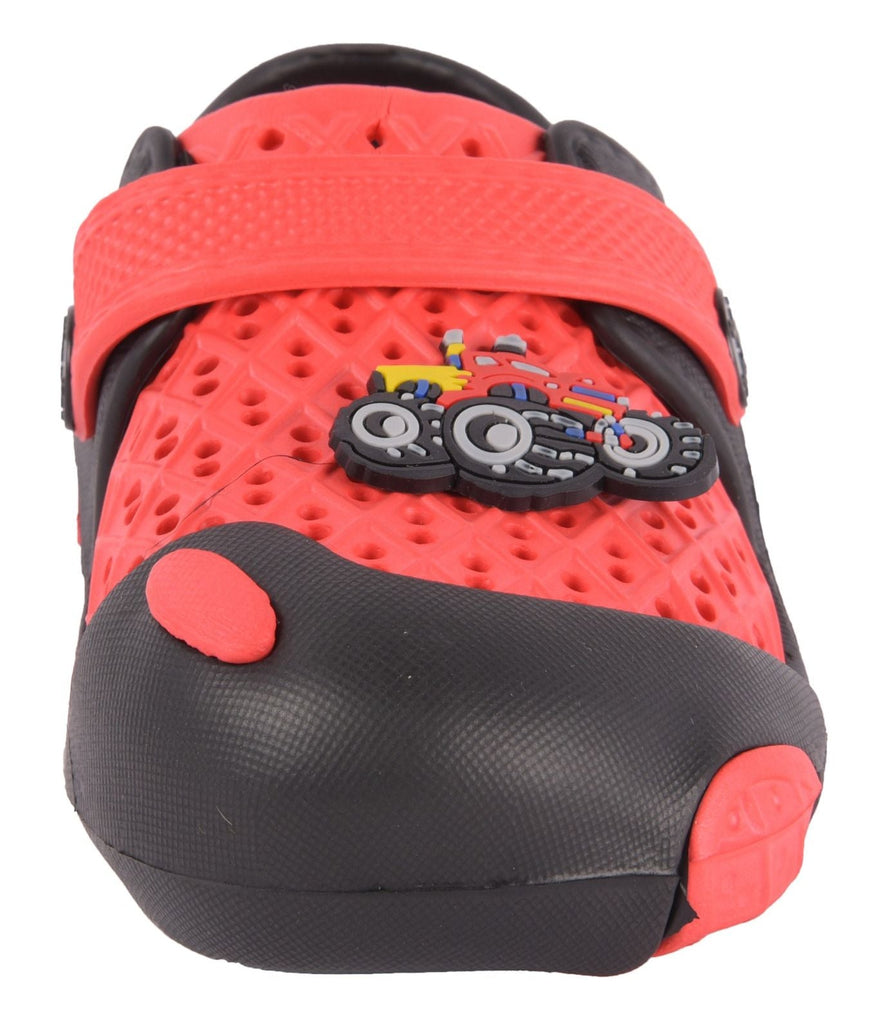 Close-Up of Boys' Red & Black Tractor Motif Rubber Clogs