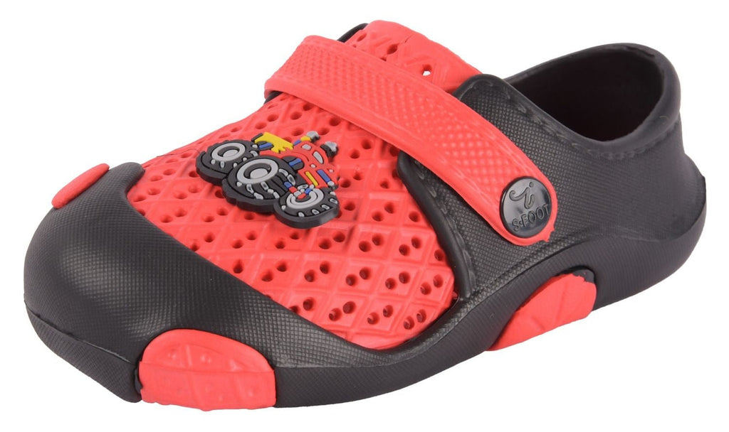 Angle View of Boys' Red & Black Tractor Motif Rubber Clogs
