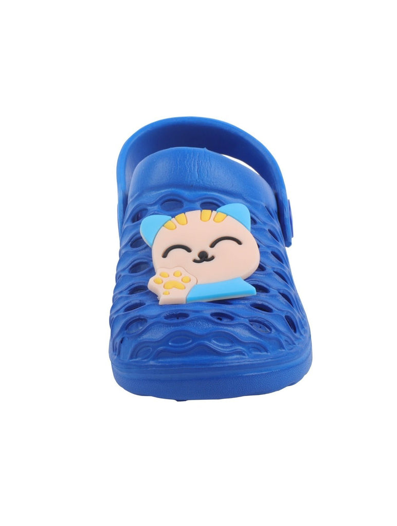 Front View of Boy's Dark Blue Clog with Kitty Astronaut Design