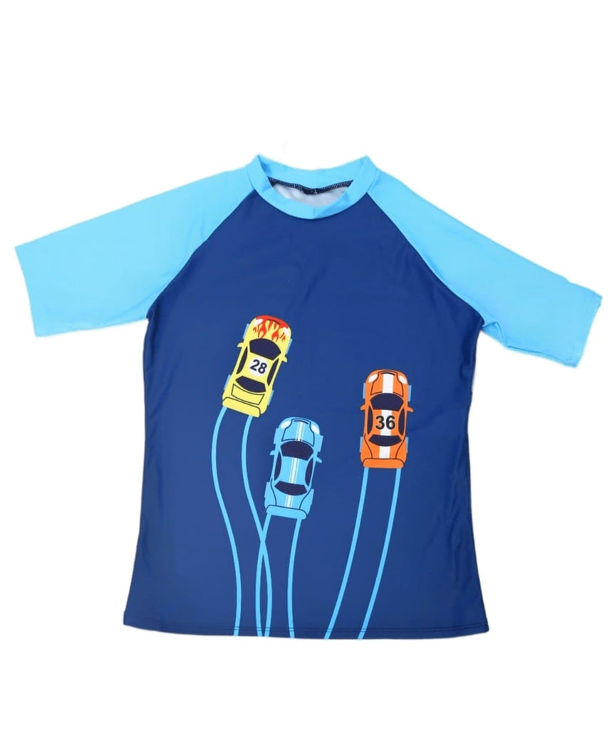 Top part of Yellow Bee's Blue Car Print Swimsuit for Boys with vibrant car illustrations.