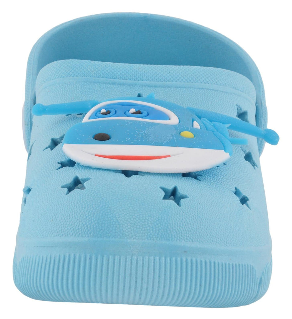 Detailed View of Boys' Light Blue Helicopter Themed Clogs