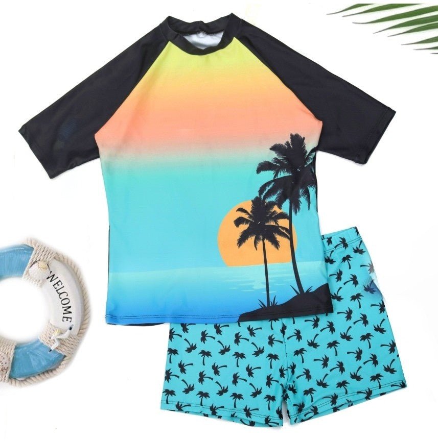 Youthful Palm Tree Print Swim Shorts and Sunset Rash Guard by Yellow Bee