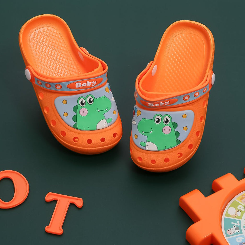 Bright Orange Kids' Clogs Featuring a Cute Crocodile Design with Secure Heel Strap