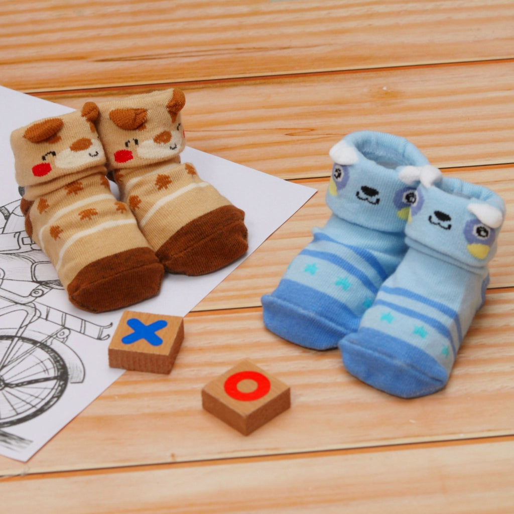 Yellow Bee Puppy Printed Socks For Baby Boys In Brown And Blue Color.