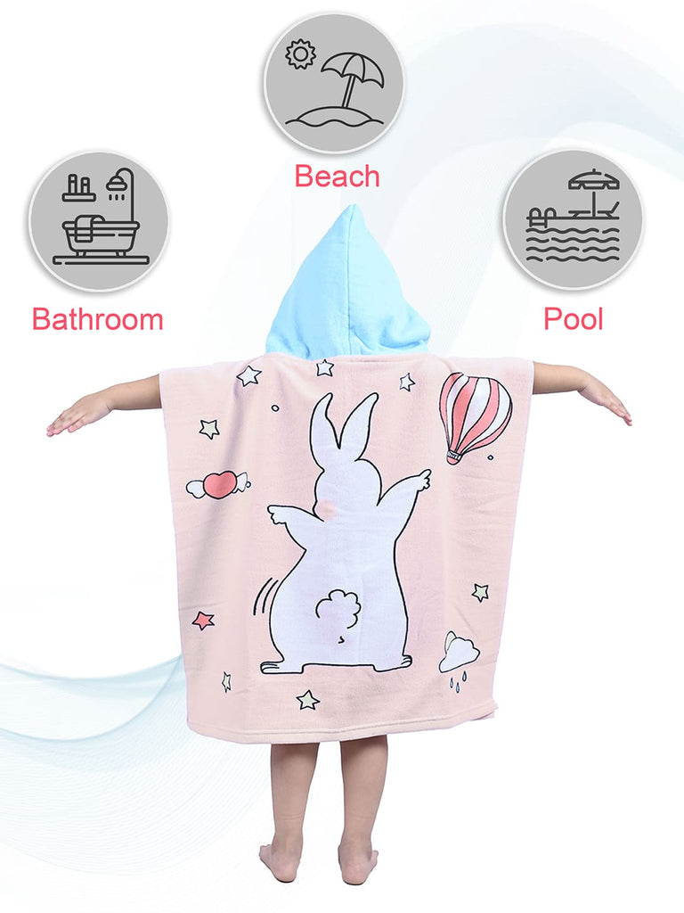 Usage icons for the Yellow Bee bunny hooded poncho towel indicating suitability for beach, pool, and bath time.