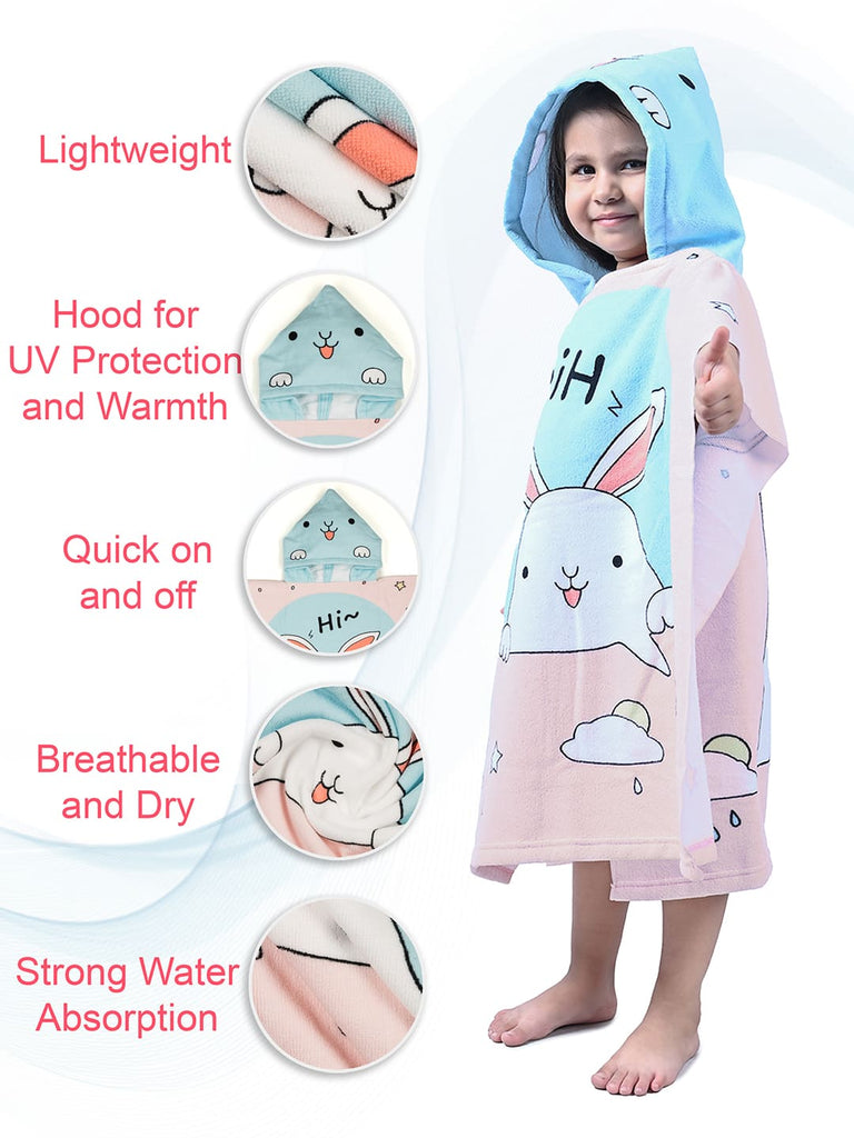Feature highlights of Yellow Bee's bunny hooded poncho towel, showcasing UV protection hood and strong water absorption.
