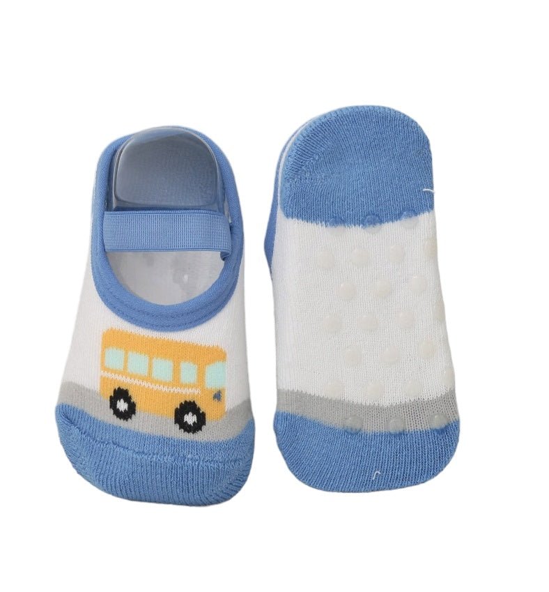 Infant socks with bus design and non-slip bottom detail.