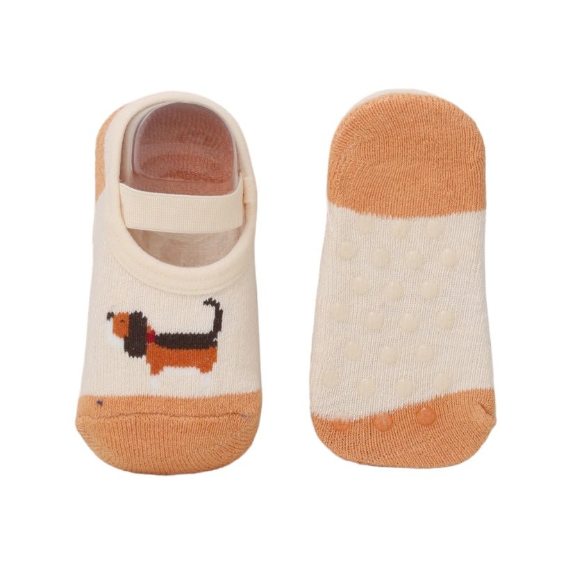 Infant socks with puppy design and anti-slip sole.