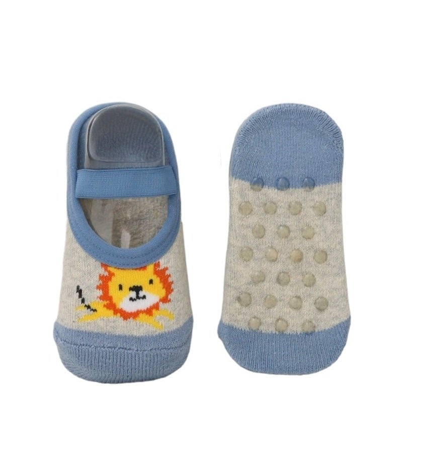 Front view of infant socks with a playful car design in red and blue.