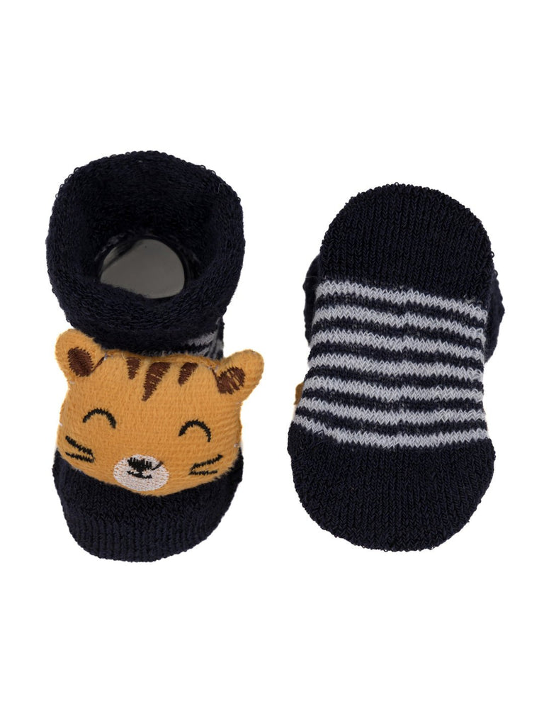Pair of infant tiger design socks, emphasizing the fun stuffed toy feature.