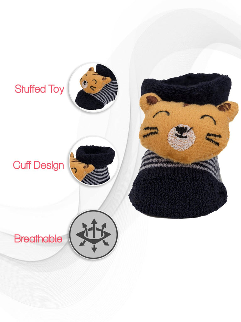 Infant socks with tiger design, showcasing breathability and cuff details.