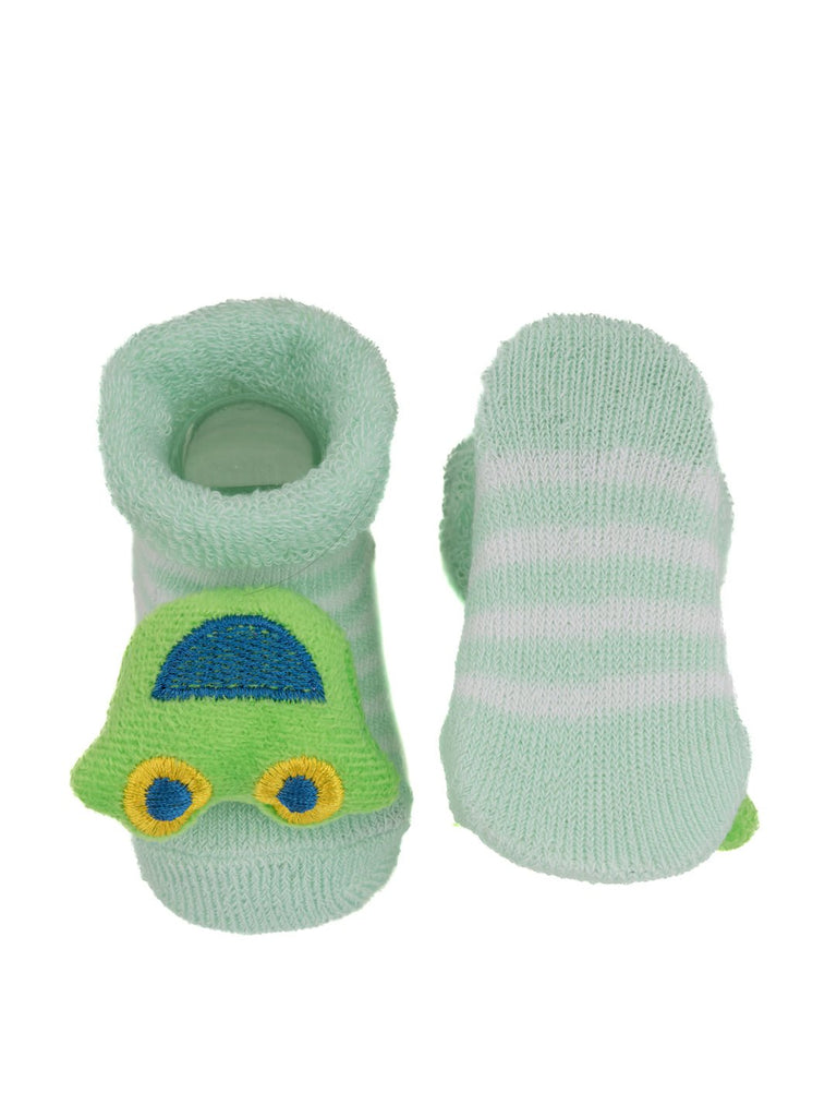 Green infant socks with car design, soft and stretchable for little feet.