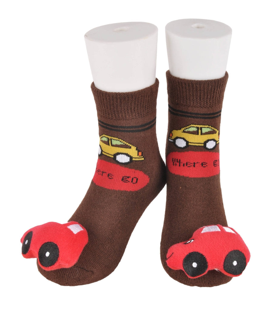 Toddler socks with a stuffed toy car design, perfect for playful little feet.