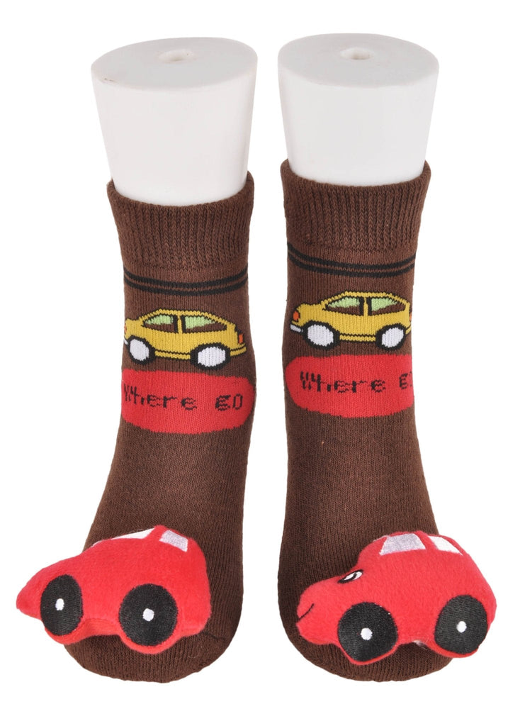 Brown toddler socks with a bright car stuffed toy and 'Where to?' text design.