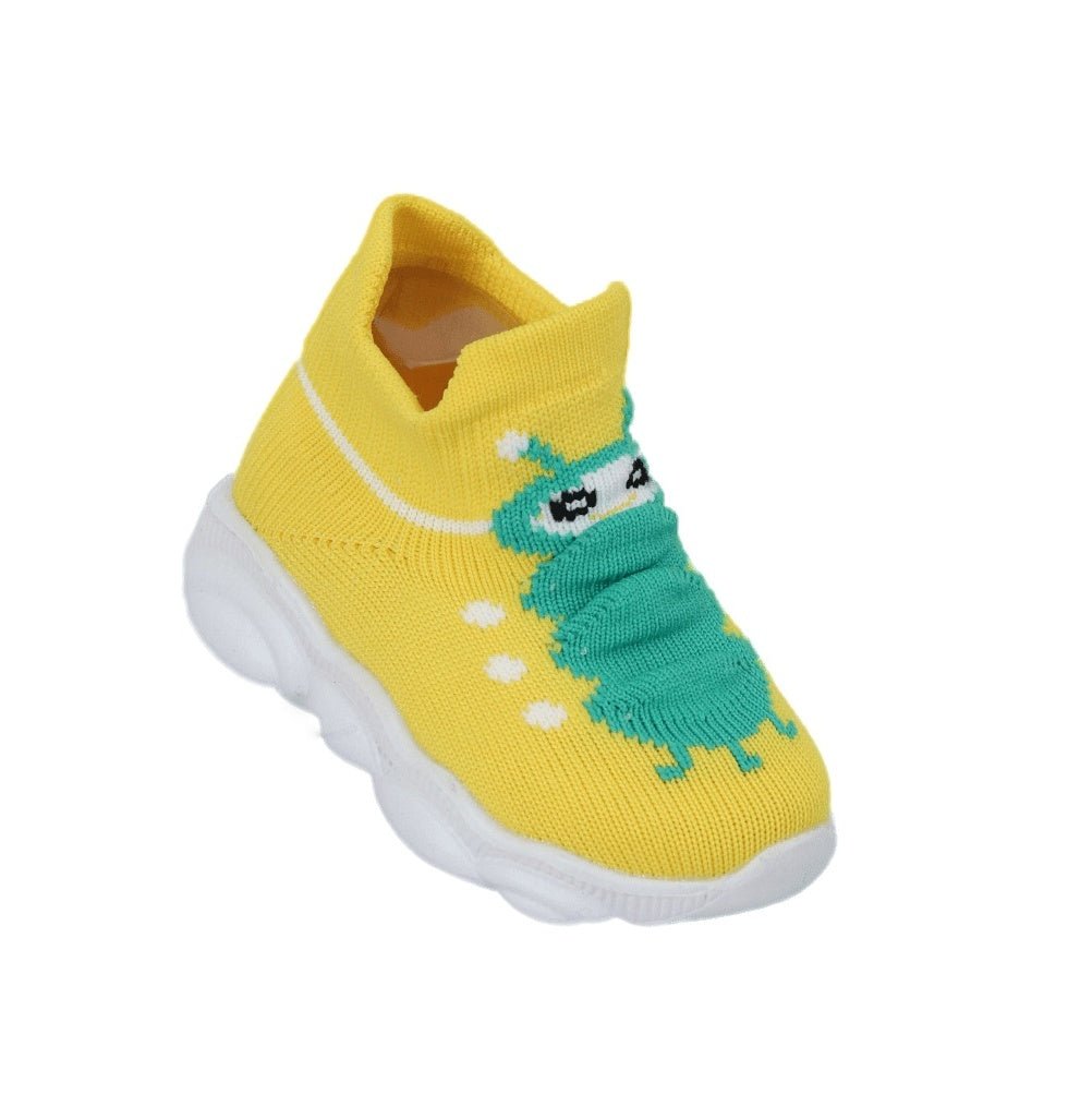 Adorable Caterpillar Design on Yellow Bee Sock Shoes - Front View