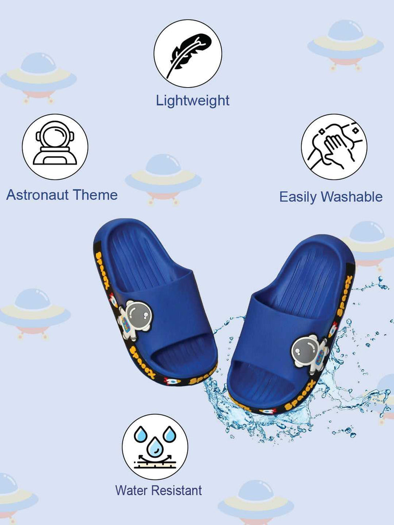 Infographic showing the lightweight, washable, and water-resistant features of the blue astronaut slides