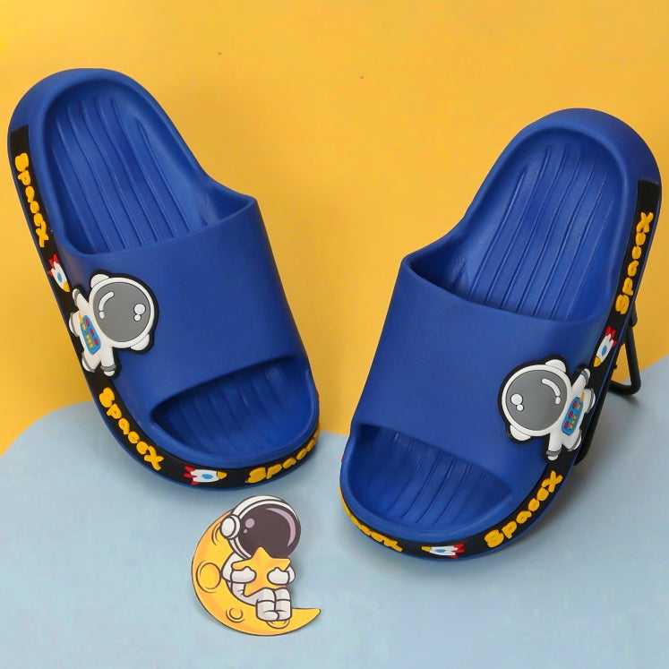 Navy blue astronaut-themed slides against a yellow background