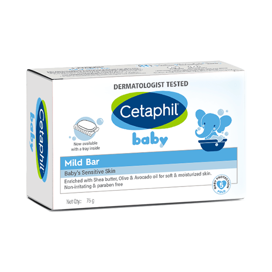 Cetaphil Baby Mild Bar 75g packaging showcasing natural ingredients and skin-friendly benefits.
