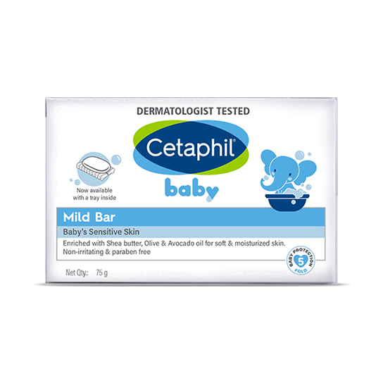 Front view of Cetaphil Baby Mild Bar packaging highlighting soap-free formula for sensitive skin.