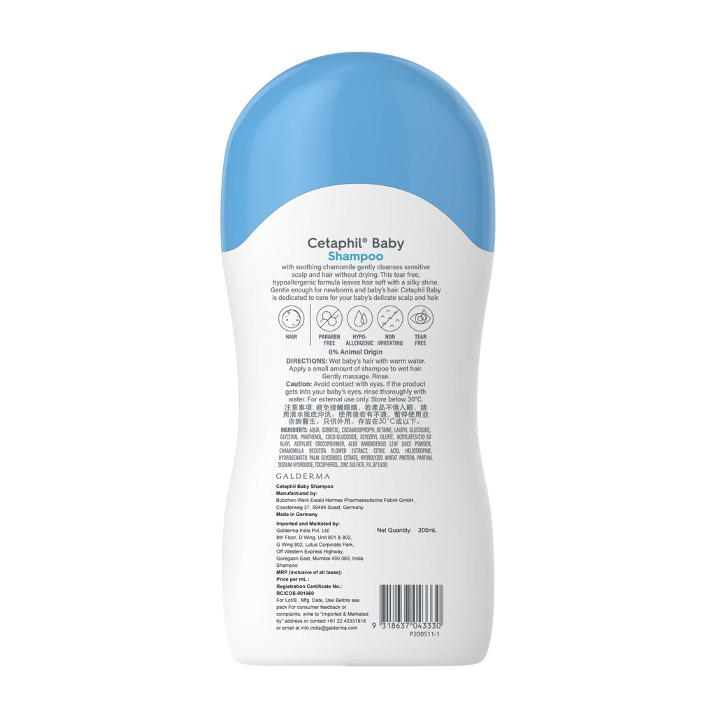 Back view of Cetaphil Baby Shampoo 200ml, showing usage directions and ingredients list