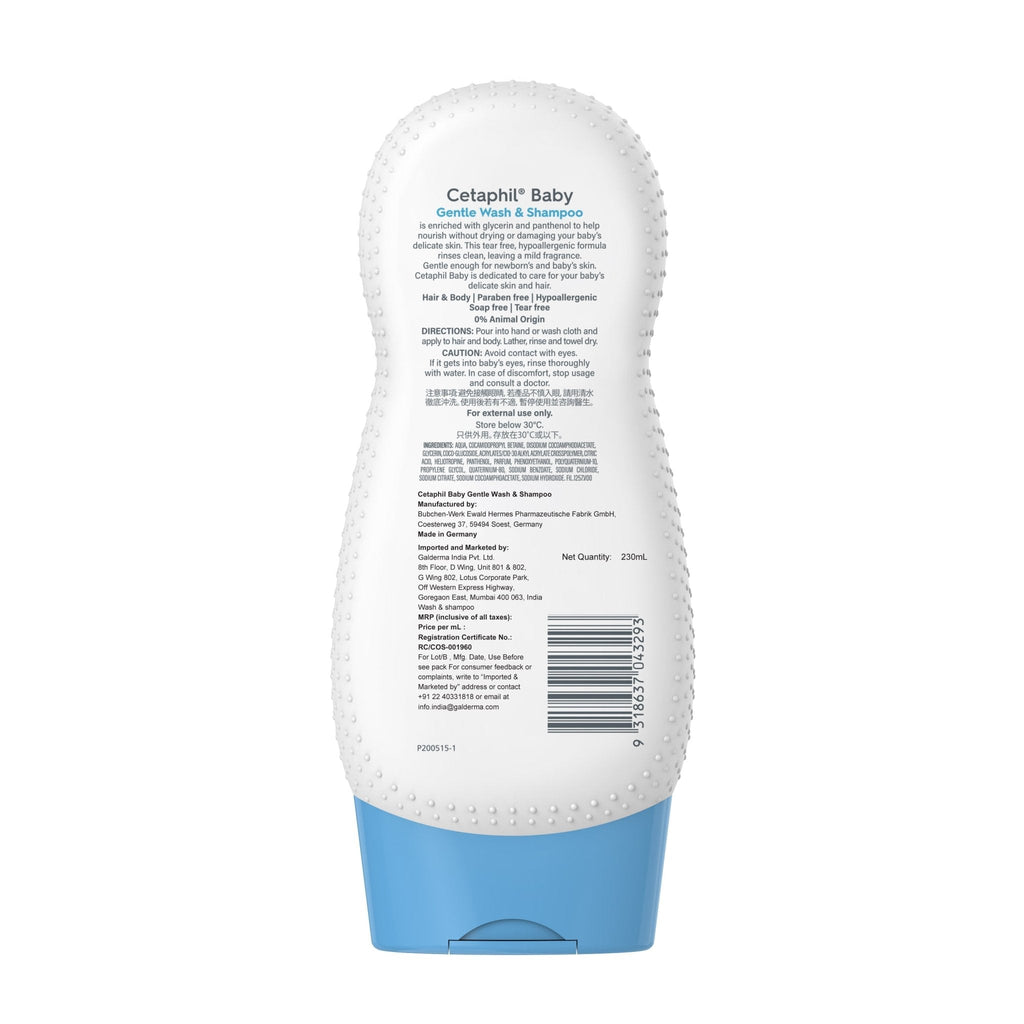 Back view of Cetaphil Baby Shampoo & Wash with detailed product information.