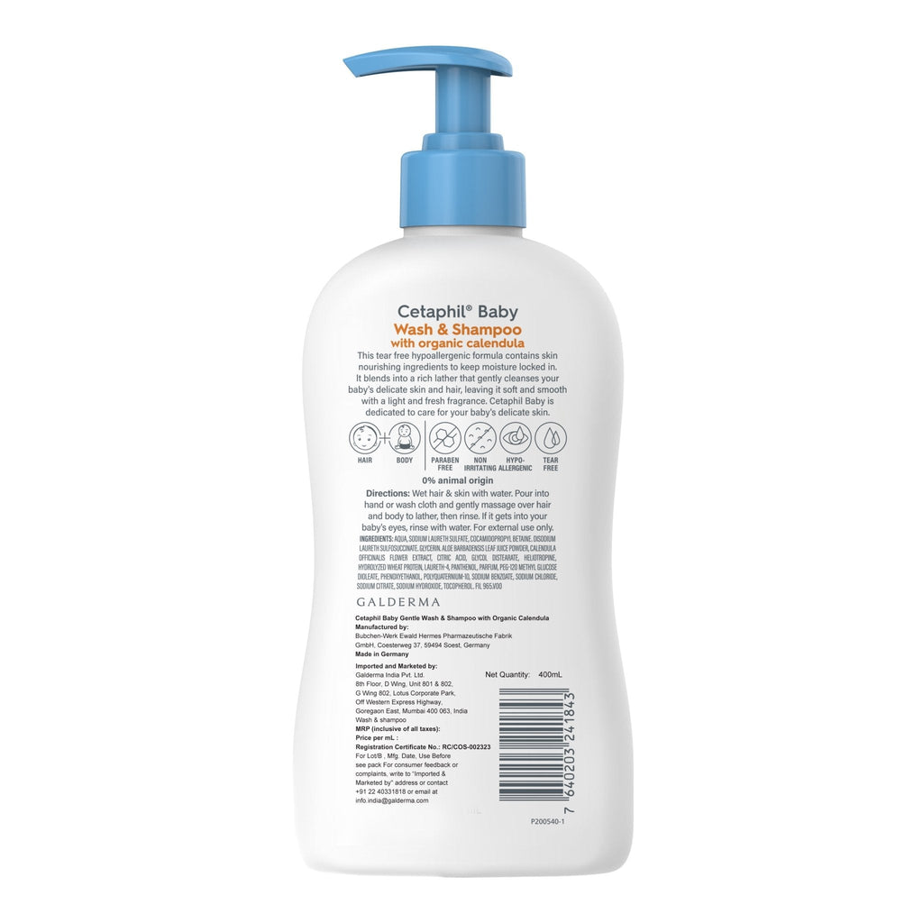 Back label of Cetaphil Baby Wash & Shampoo with Organic Calendula detailing hypoallergenic ingredients.