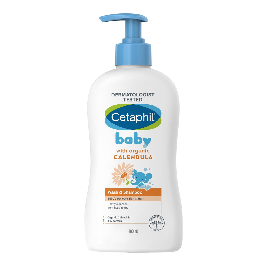 Front view of Cetaphil Baby Wash & Shampoo 400ml bottle with organic calendula for gentle cleansing.