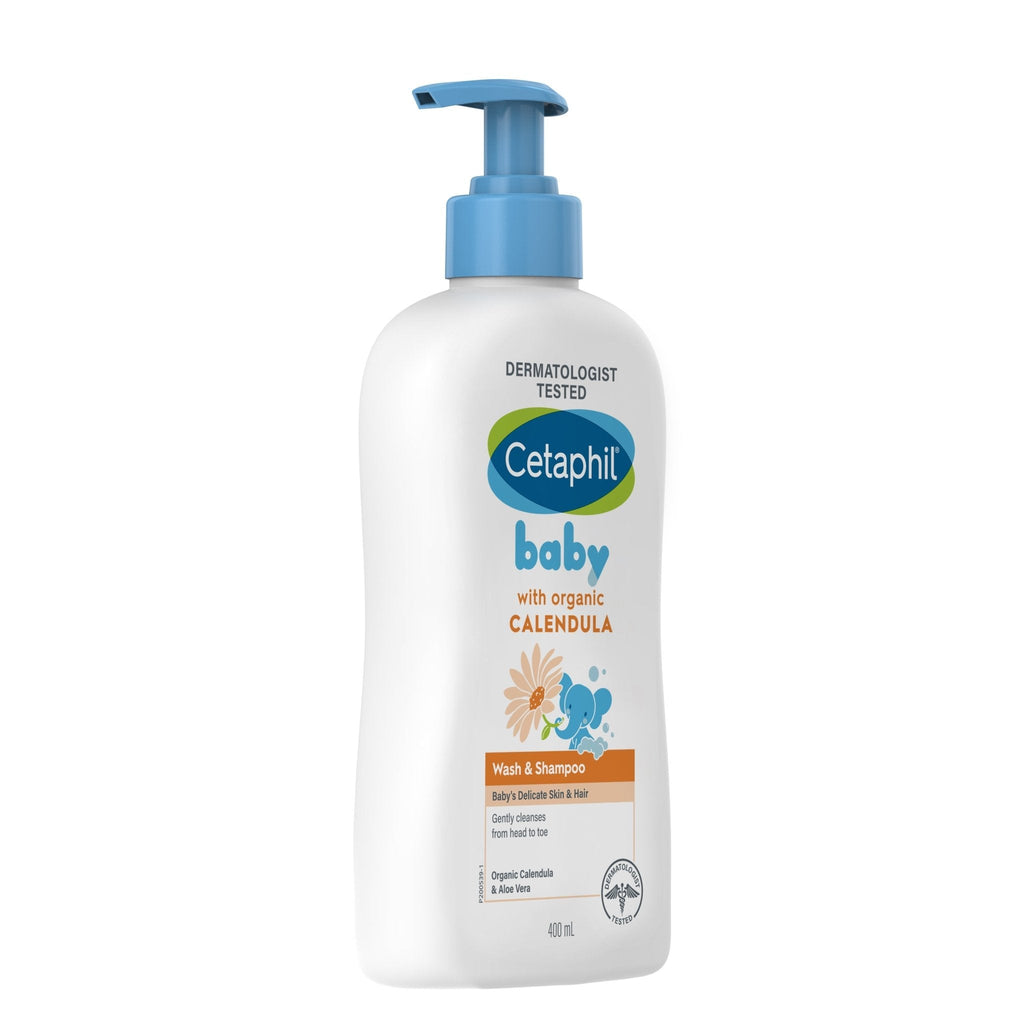 Pump bottle of Cetaphil Baby Wash & Shampoo featuring the benefits of organic calendula and aloe vera.