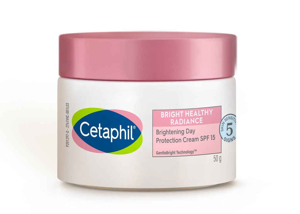 Cetaphil Bright Healthy Radiance Day Protection Cream SPF 15, front view showcasing the Gentle Bright Technology and skin sensitivity signs, 50g.