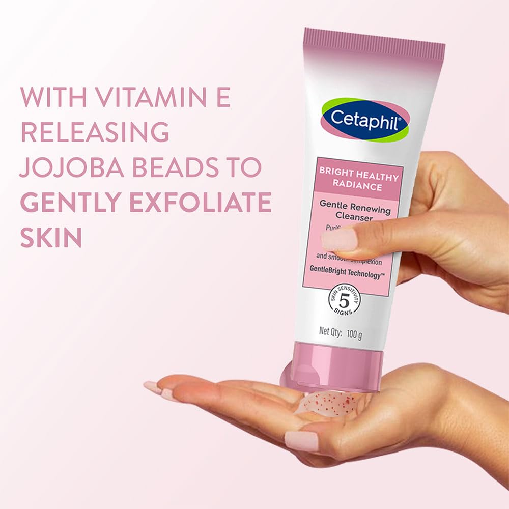 CETAPHIL cleanser tube with Vitamin E releasing jojoba beads for gentle exfoliation