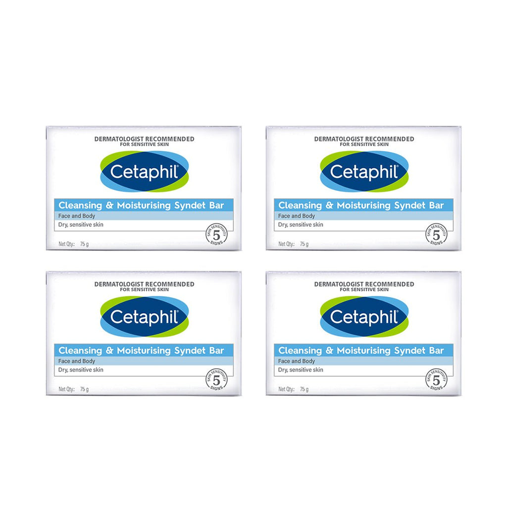 Four packs of Cetaphil Cleansing & Moisturising Syndet Bars for sensitive skin, dermatologist recommended.